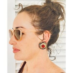 50s-60s VTG Round Cloth covered Red Cabochon Clip On Earrings